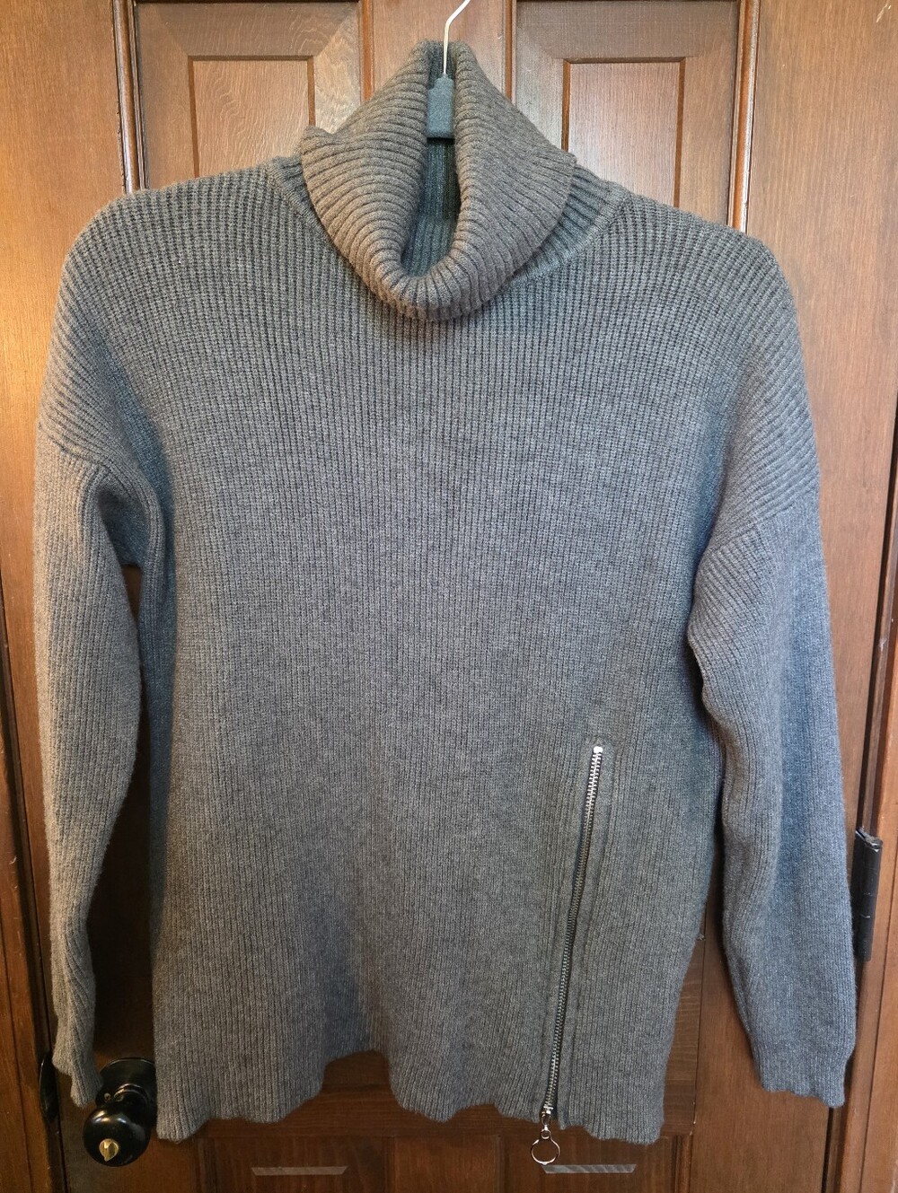 🔥Patrizia Luca Gray Ribbed Turtleneck Sweater Zip Accent Drop Shldr Sz Sm-Med